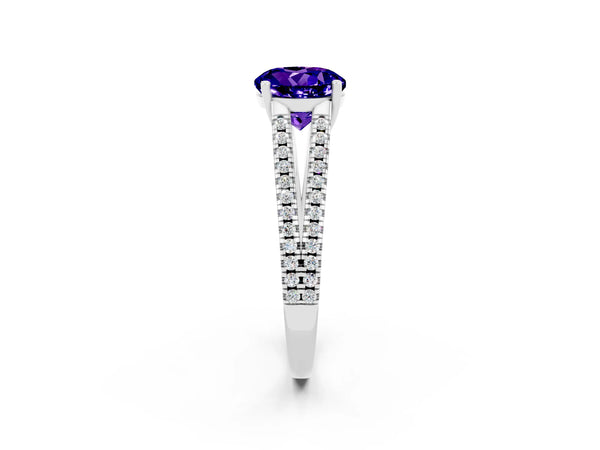 Platinum Round Cut Tanzanite Solitaire Engagement Ring with Split Shank Pavé Band