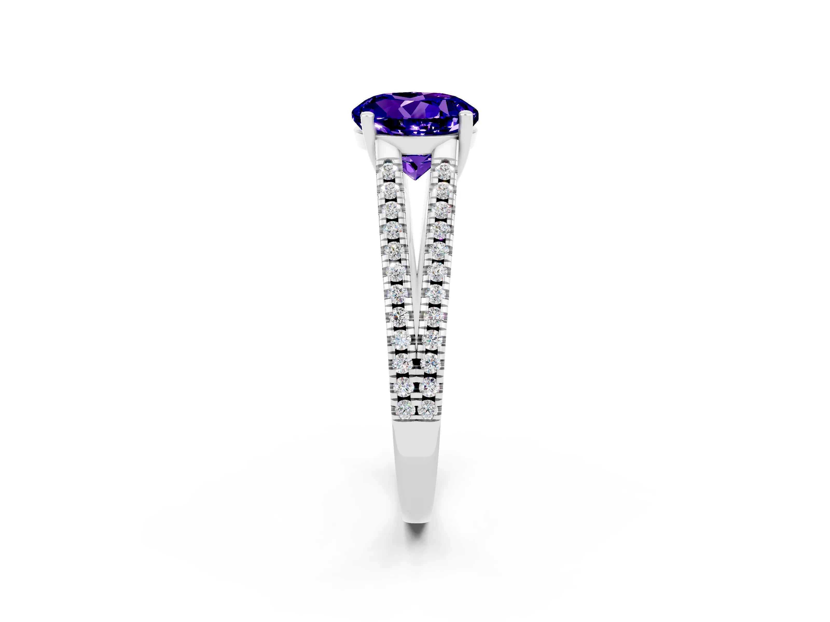 White gold Round Cut Tanzanite Solitaire Engagement Ring with Split Shank Pavé Band_2