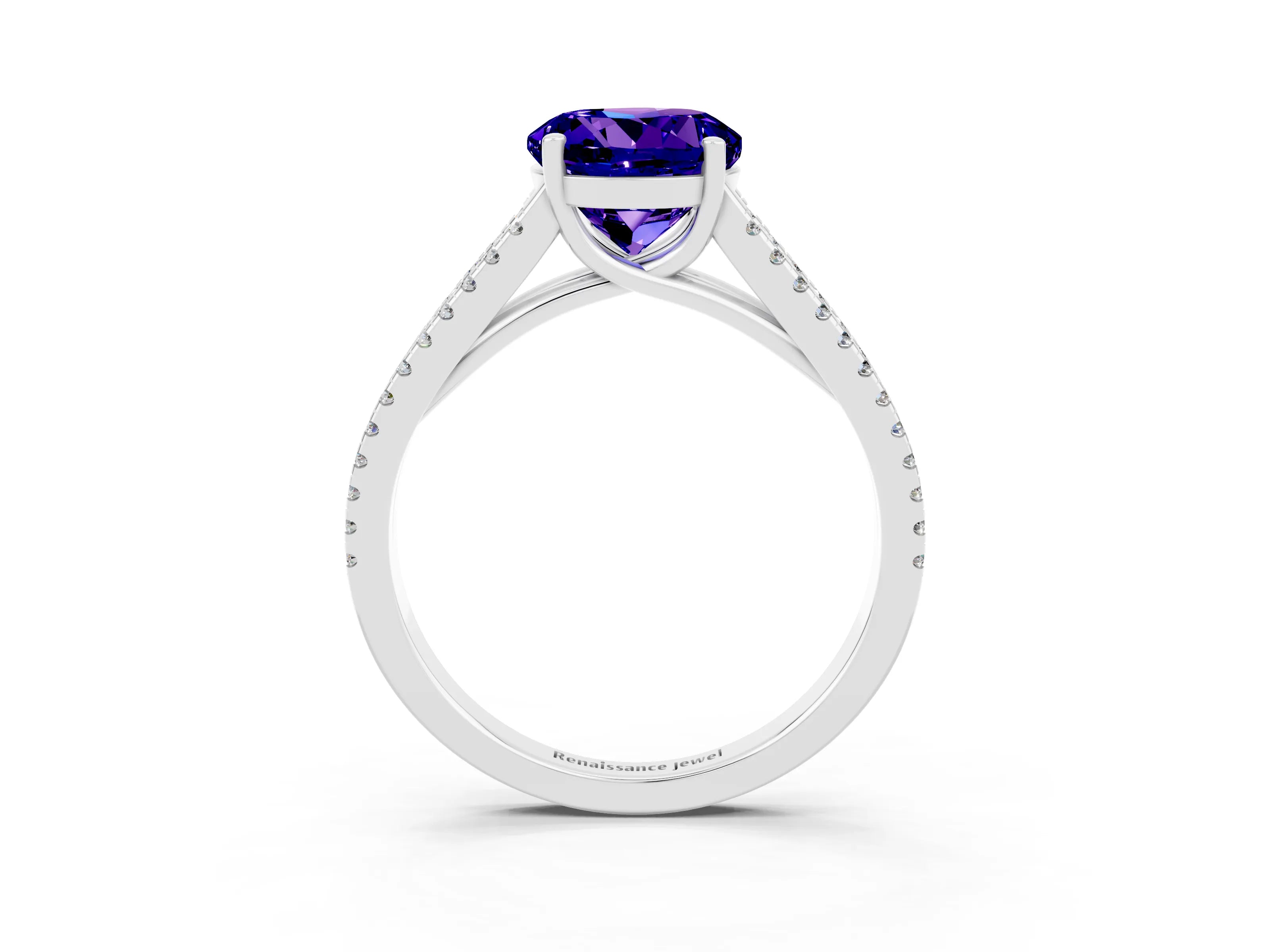White gold Round Cut Tanzanite Solitaire Engagement Ring with Split Shank Pavé Band_3