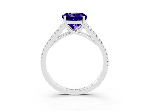 White gold Round Cut Tanzanite Solitaire Engagement Ring with Split Shank Pavé Band