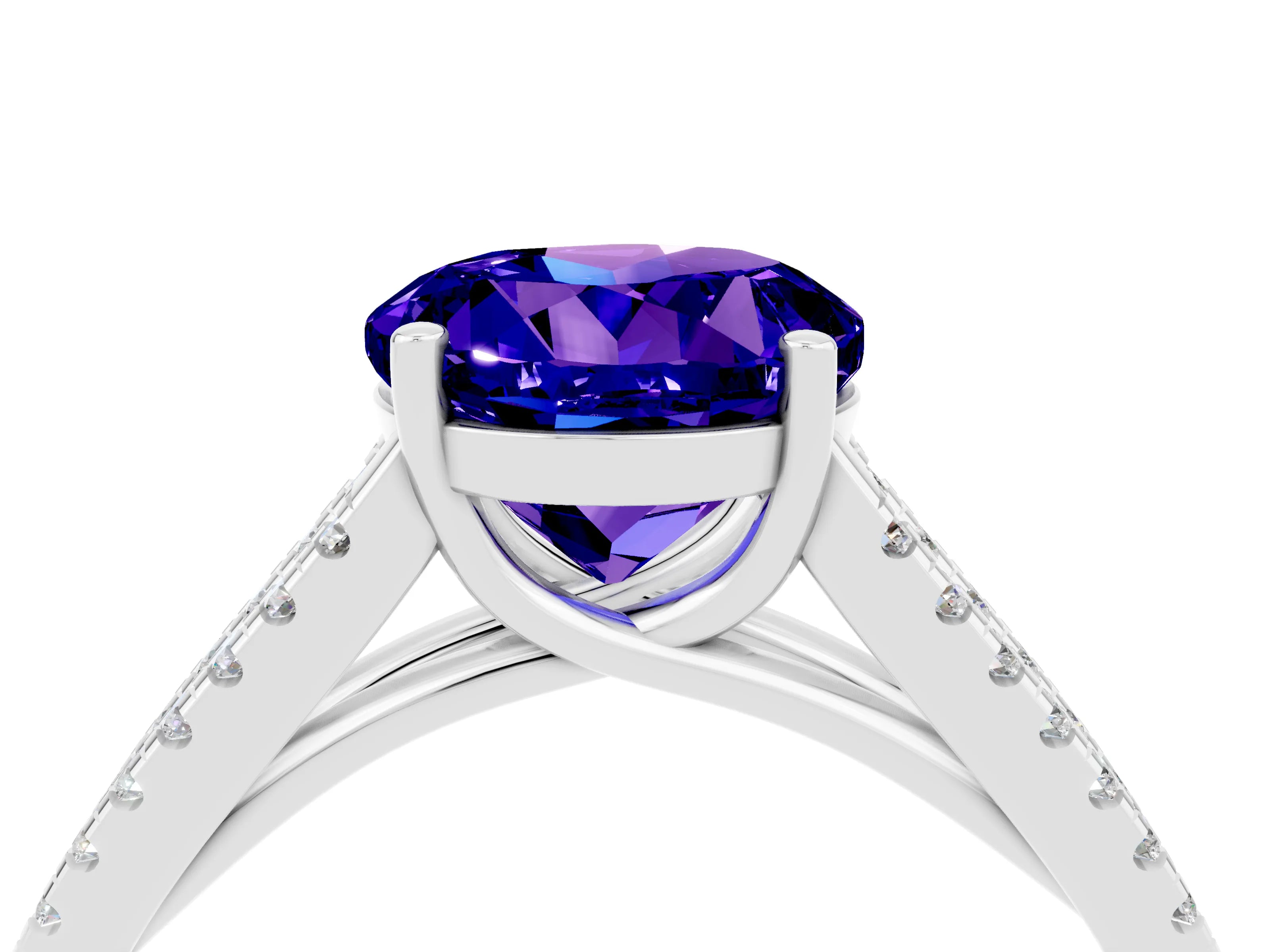 White gold Round Cut Tanzanite Solitaire Engagement Ring with Split Shank Pavé Band_4