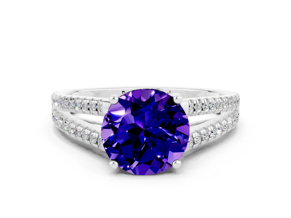 White gold Round Cut Tanzanite Solitaire Engagement Ring with Split Shank Pavé Band