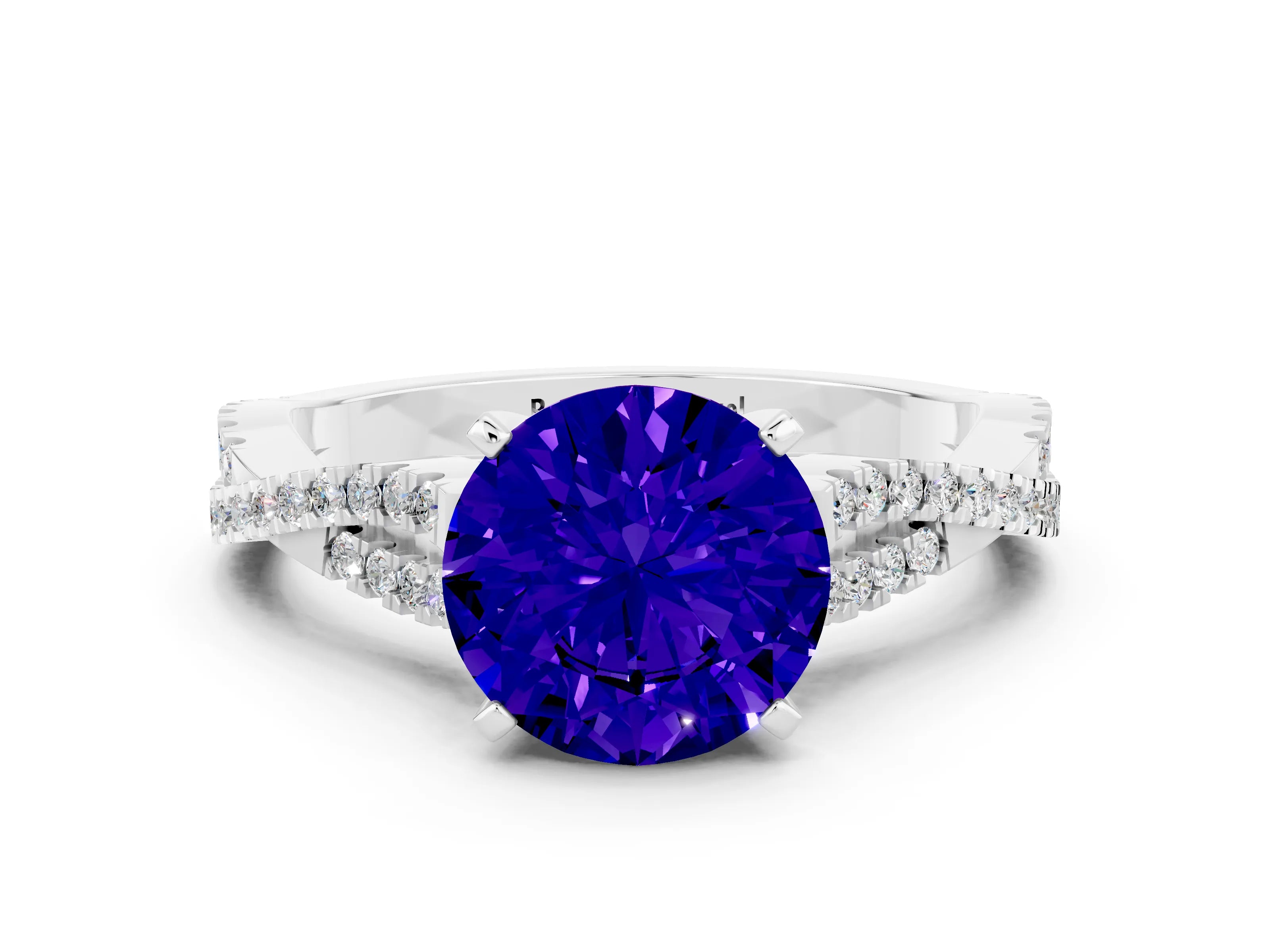 White gold Round Cut Tanzanite Solitaire Engagement Ring with Twisted Pavé Band and Four-Prong Setting_12