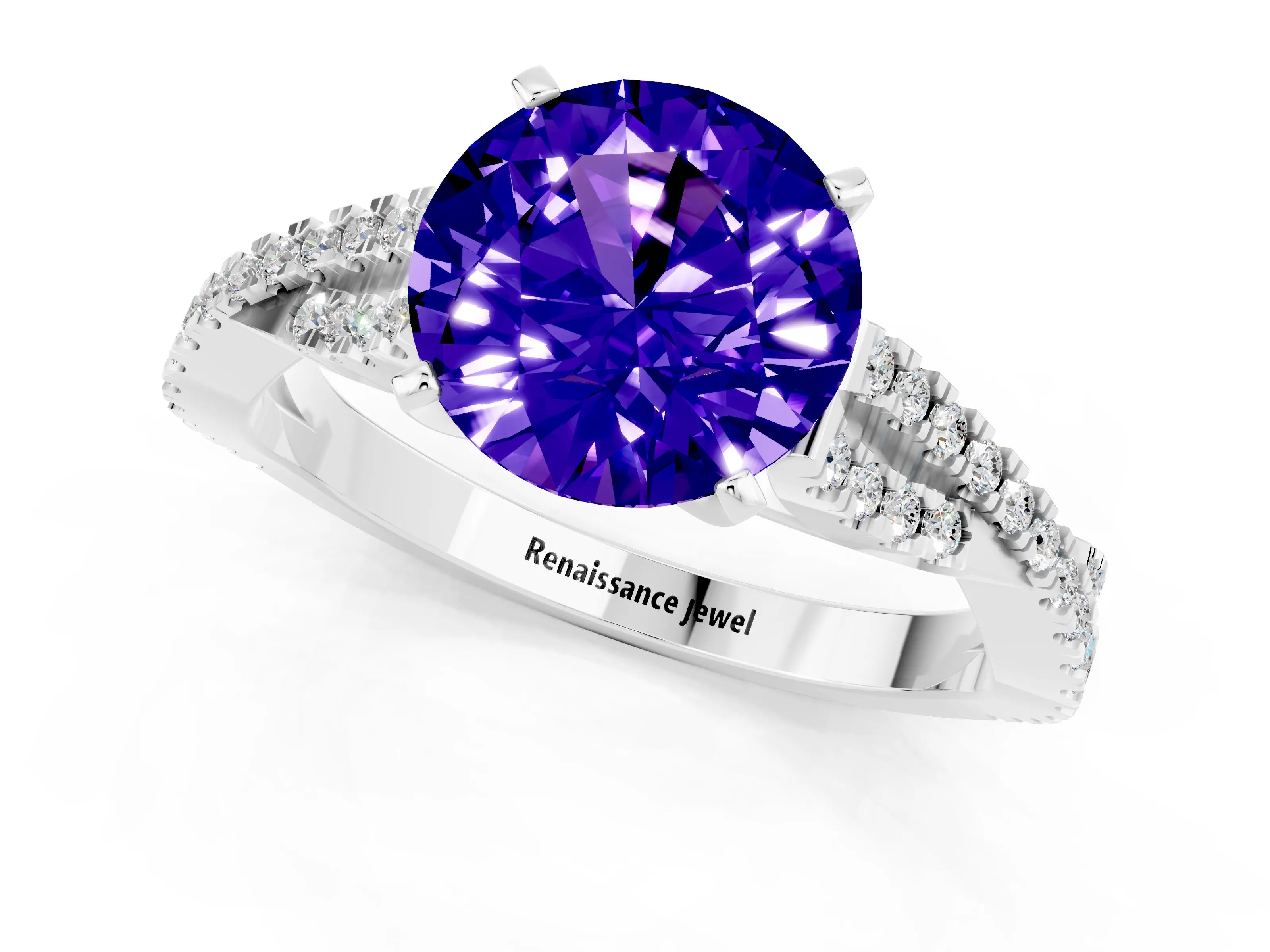 White gold Round Cut Tanzanite Solitaire Engagement Ring with Twisted Pavé Band and Four-Prong Setting_13