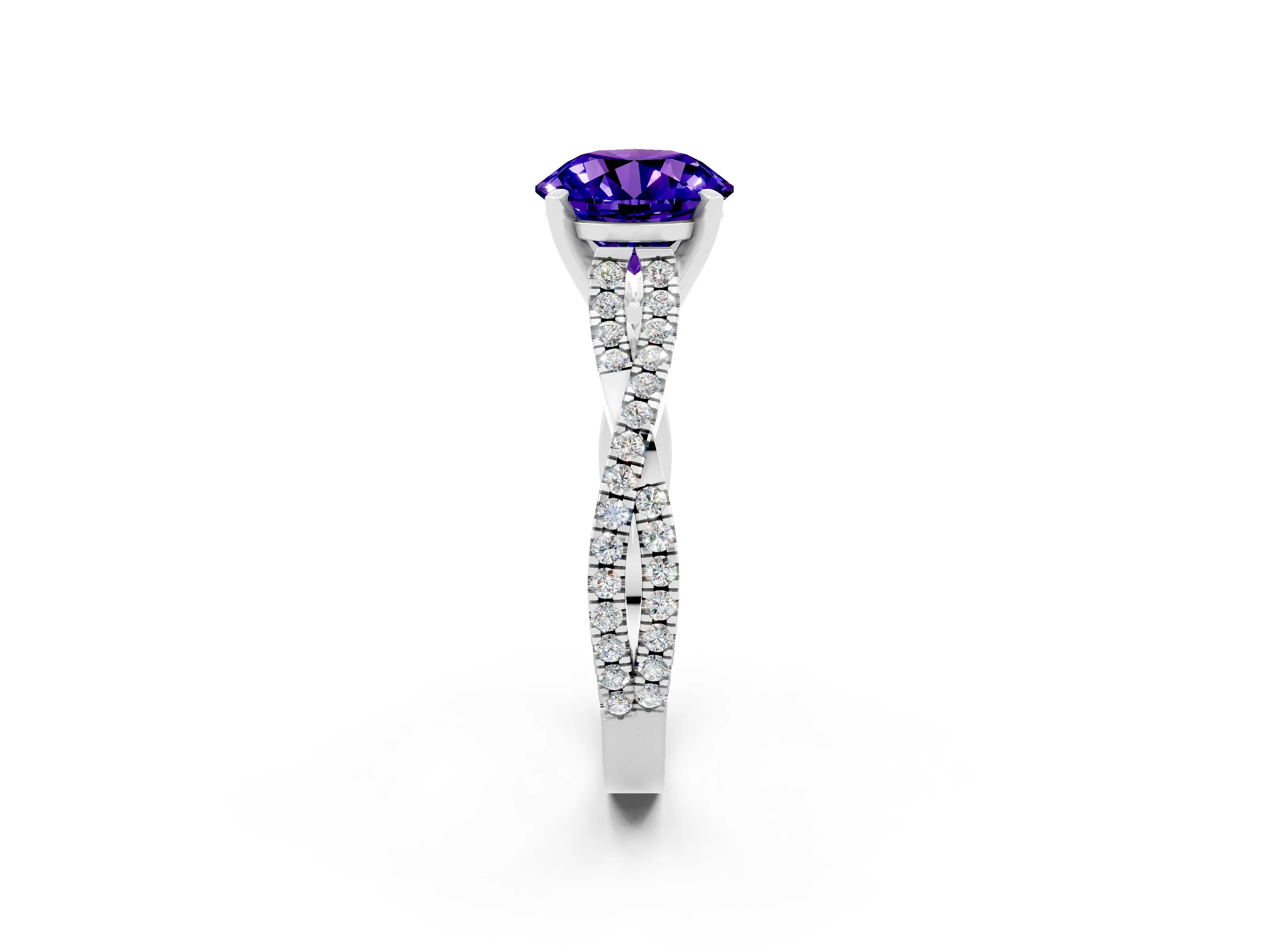 White gold Round Cut Tanzanite Solitaire Engagement Ring with Twisted Pavé Band and Four-Prong Setting_14