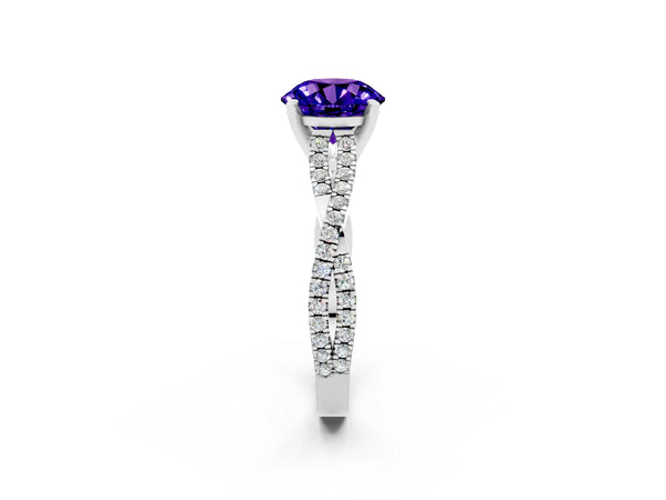 Silver Round Cut Tanzanite Solitaire Engagement Ring with Twisted Pavé Band and Four-Prong Setting
