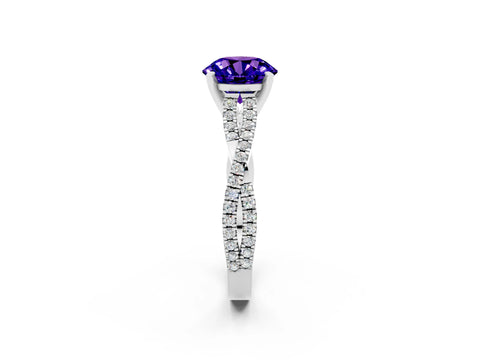 White gold Round Cut Tanzanite Solitaire Engagement Ring with Twisted Pavé Band and Four-Prong Setting_14