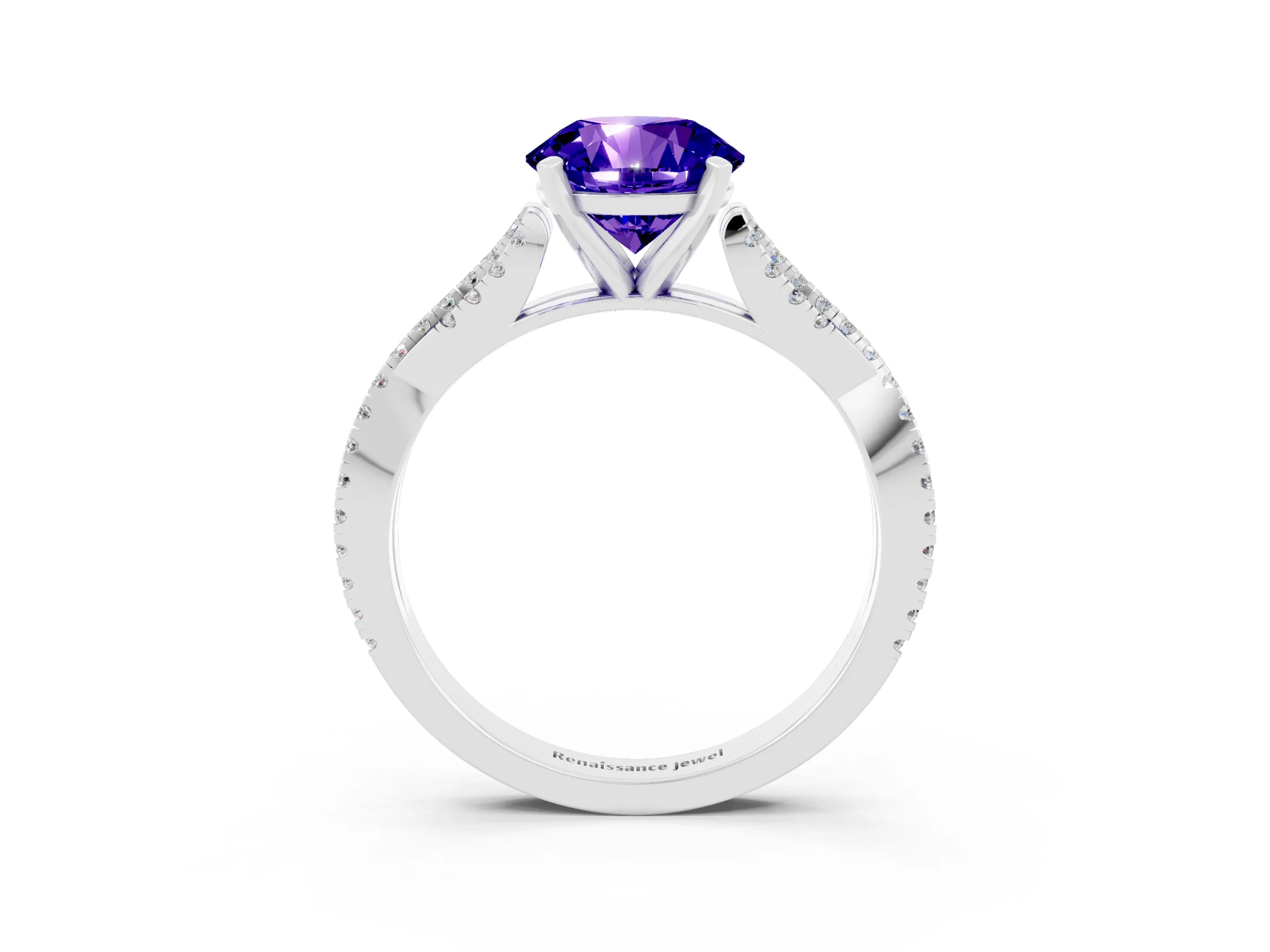 White gold Round Cut Tanzanite Solitaire Engagement Ring with Twisted Pavé Band and Four-Prong Setting_15