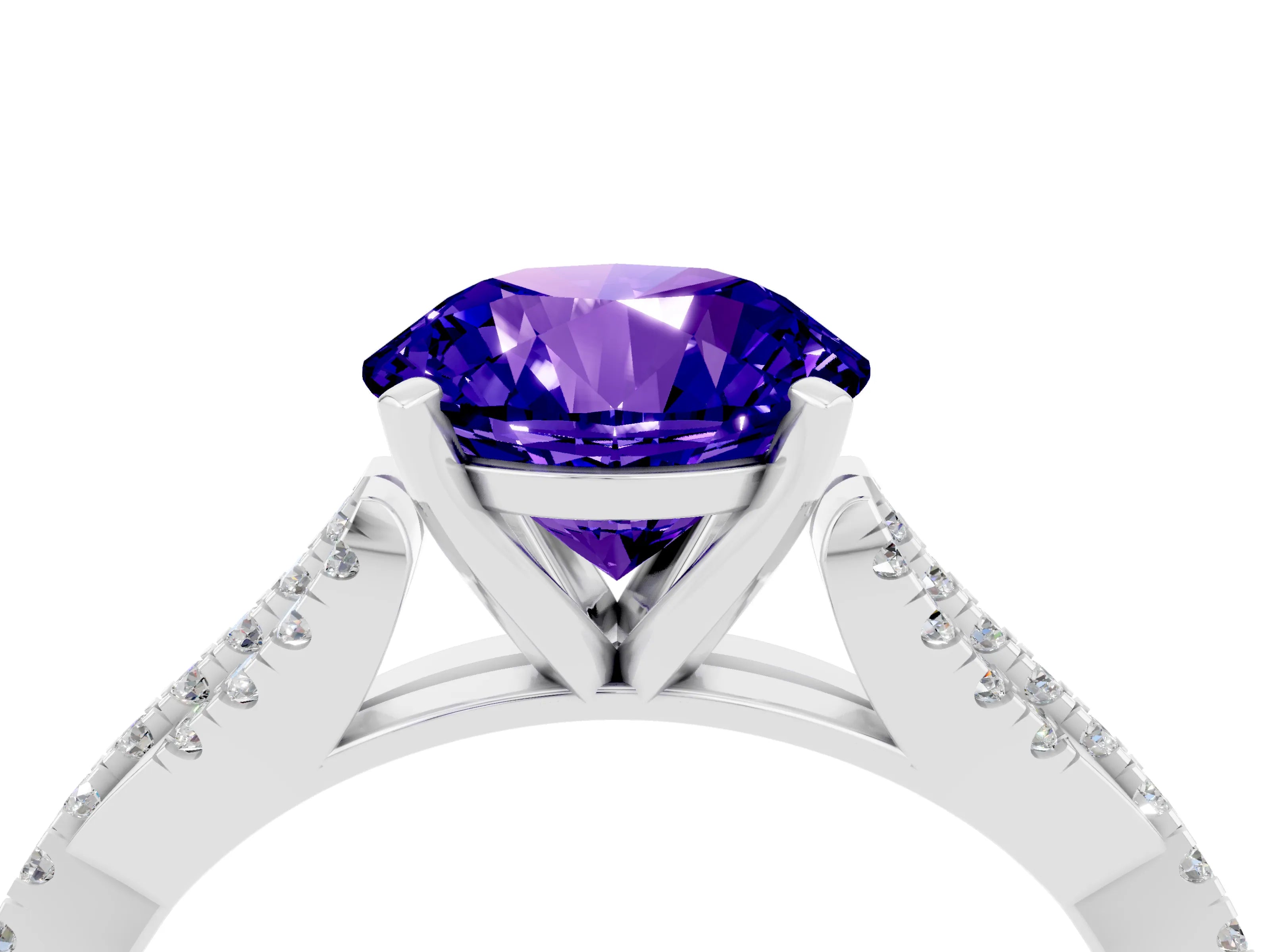 White gold Round Cut Tanzanite Solitaire Engagement Ring with Twisted Pavé Band and Four-Prong Setting_16