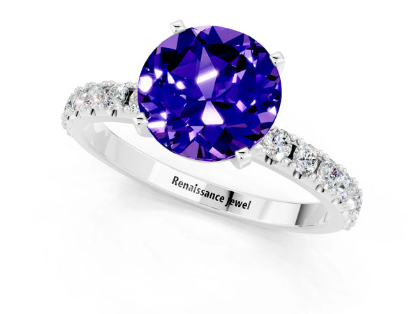 White gold Round Cut Tanzanite Solitaire Pavé Band with Four-Prong Setting