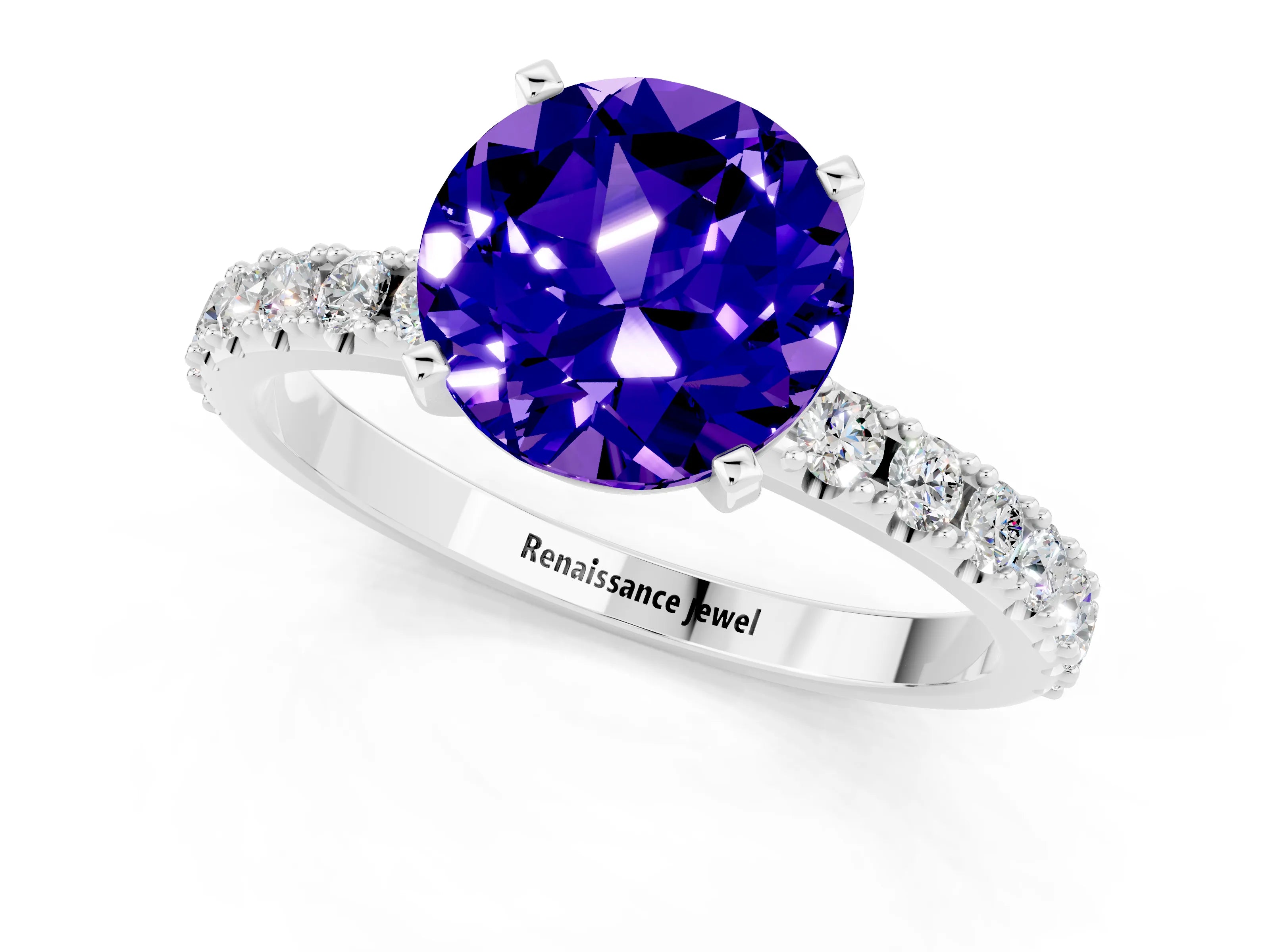 White gold Round Cut Tanzanite Solitaire Pavé Band with Four-Prong Setting_1
