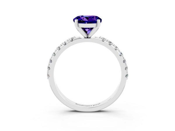 Silver Round Cut Tanzanite Solitaire Pavé Band with Four-Prong Setting
