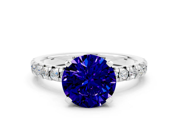 White gold Round Cut Tanzanite Solitaire Pavé Engagement Ring with Round Band and Prong Setting