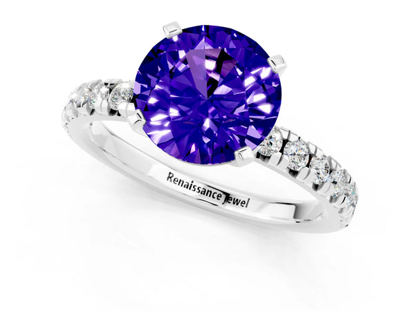 Platinum Round Cut Tanzanite Solitaire Pavé Engagement Ring with Round Band and Prong Setting
