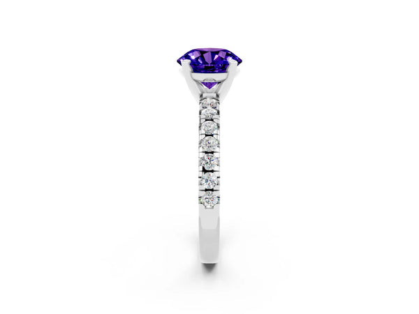 Platinum Round Cut Tanzanite Solitaire Pavé Engagement Ring with Round Band and Prong Setting