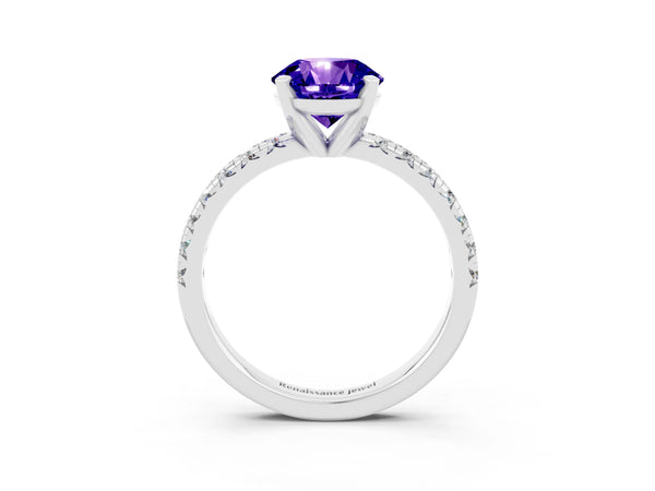 Platinum Round Cut Tanzanite Solitaire Pavé Engagement Ring with Round Band and Prong Setting