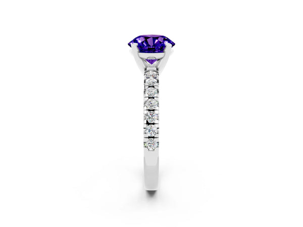 White gold Round Cut Tanzanite Solitaire Pavé Engagement Ring with Round Band and Prong Setting