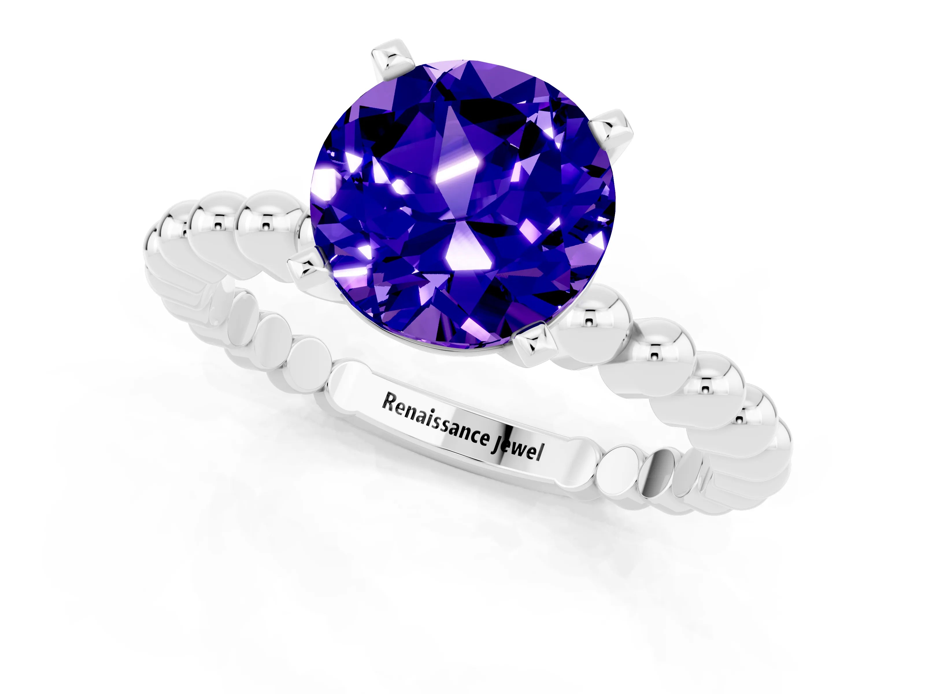White gold Round Cut Tanzanite Solitaire Ring with Beaded Band and Prong Setting_1