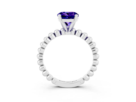 White gold Round Cut Tanzanite Solitaire Ring with Beaded Band and Prong Setting_15