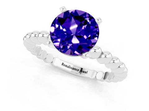 White gold Round Cut Tanzanite Solitaire Ring with Beaded Band and Prong Setting_1