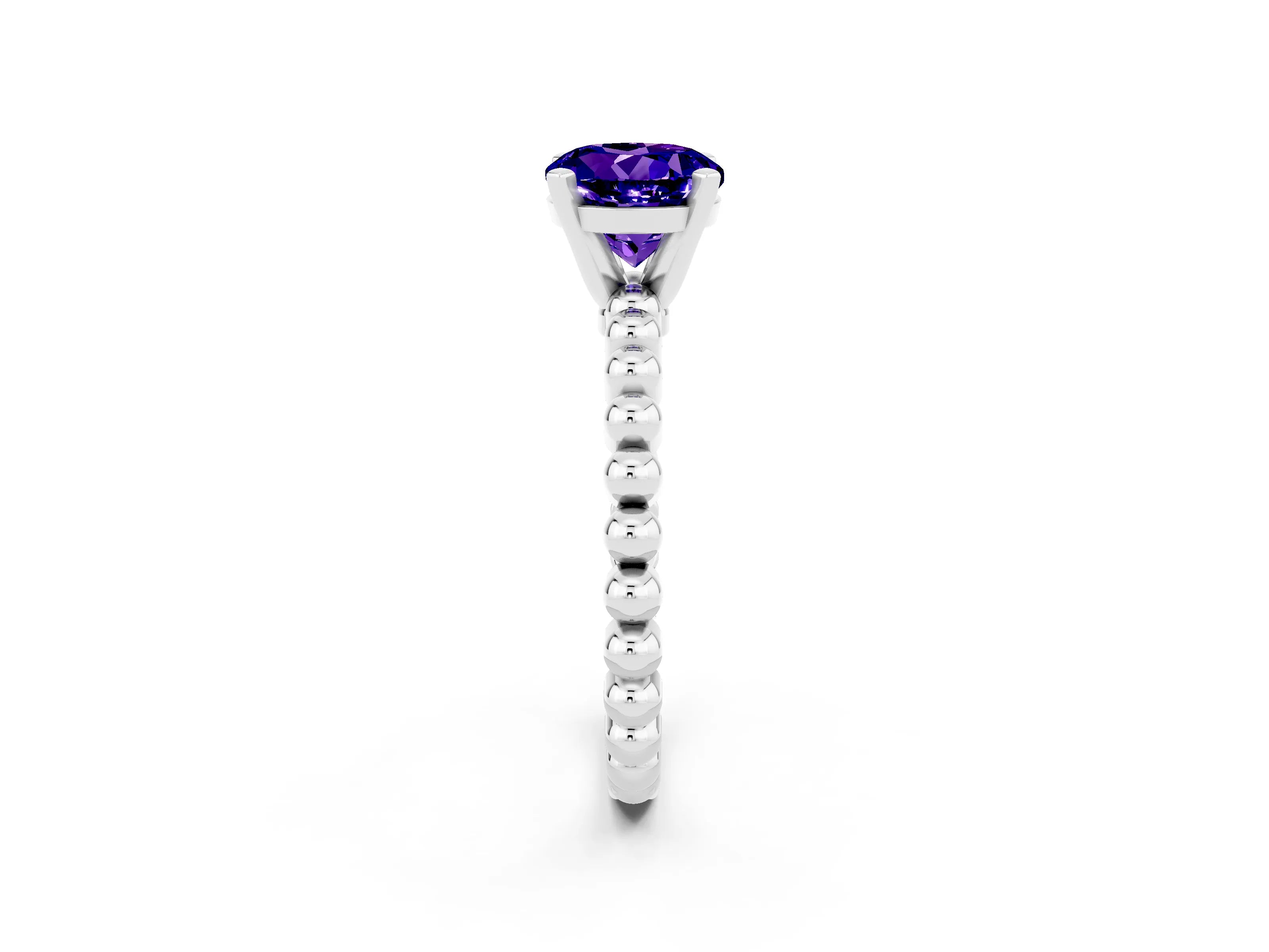 White gold Round Cut Tanzanite Solitaire Ring with Beaded Band and Prong Setting_2