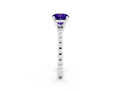 White gold Round Cut Tanzanite Solitaire Ring with Beaded Band and Prong Setting_2