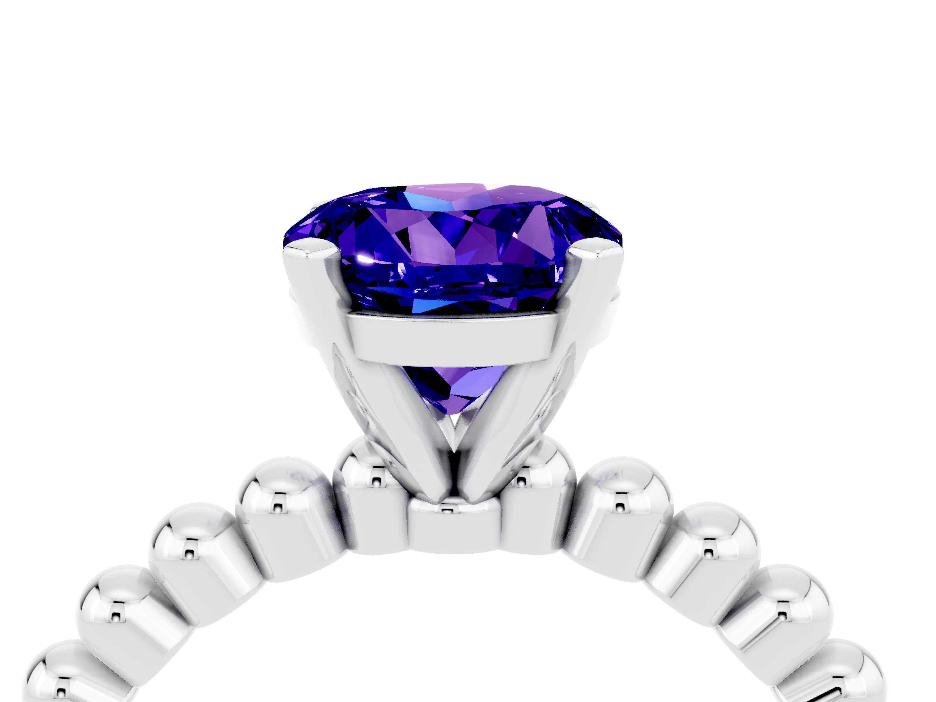 White gold Round Cut Tanzanite Solitaire Ring with Beaded Band and Prong Setting_4
