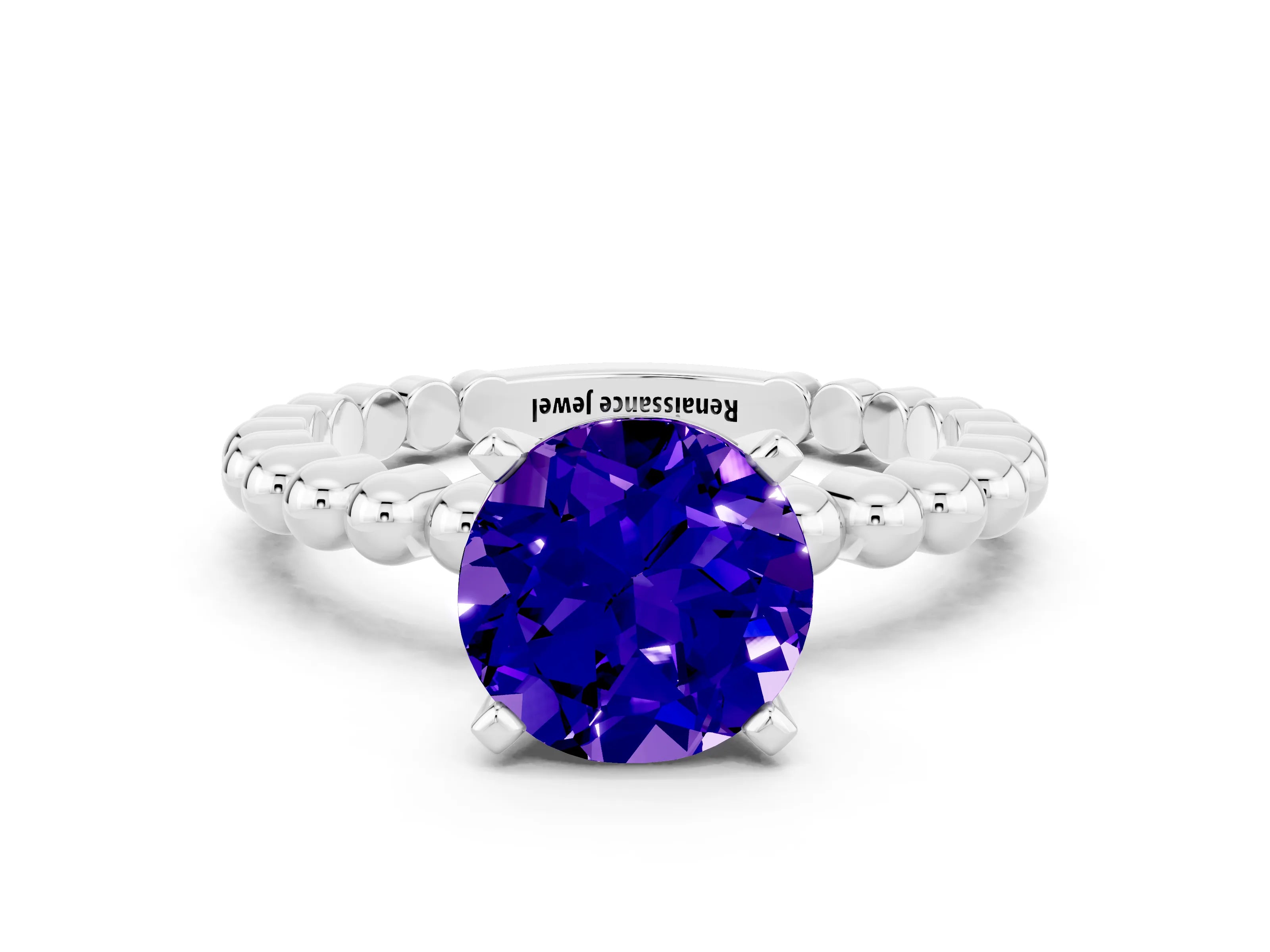White gold Round Cut Tanzanite Solitaire Ring with Beaded Band and Prong Setting