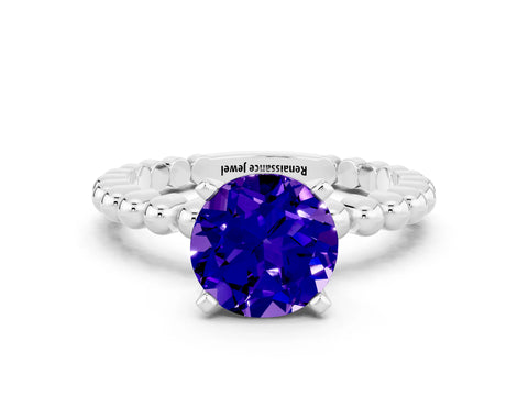 White gold Round Cut Tanzanite Solitaire Ring with Beaded Band and Prong Setting
