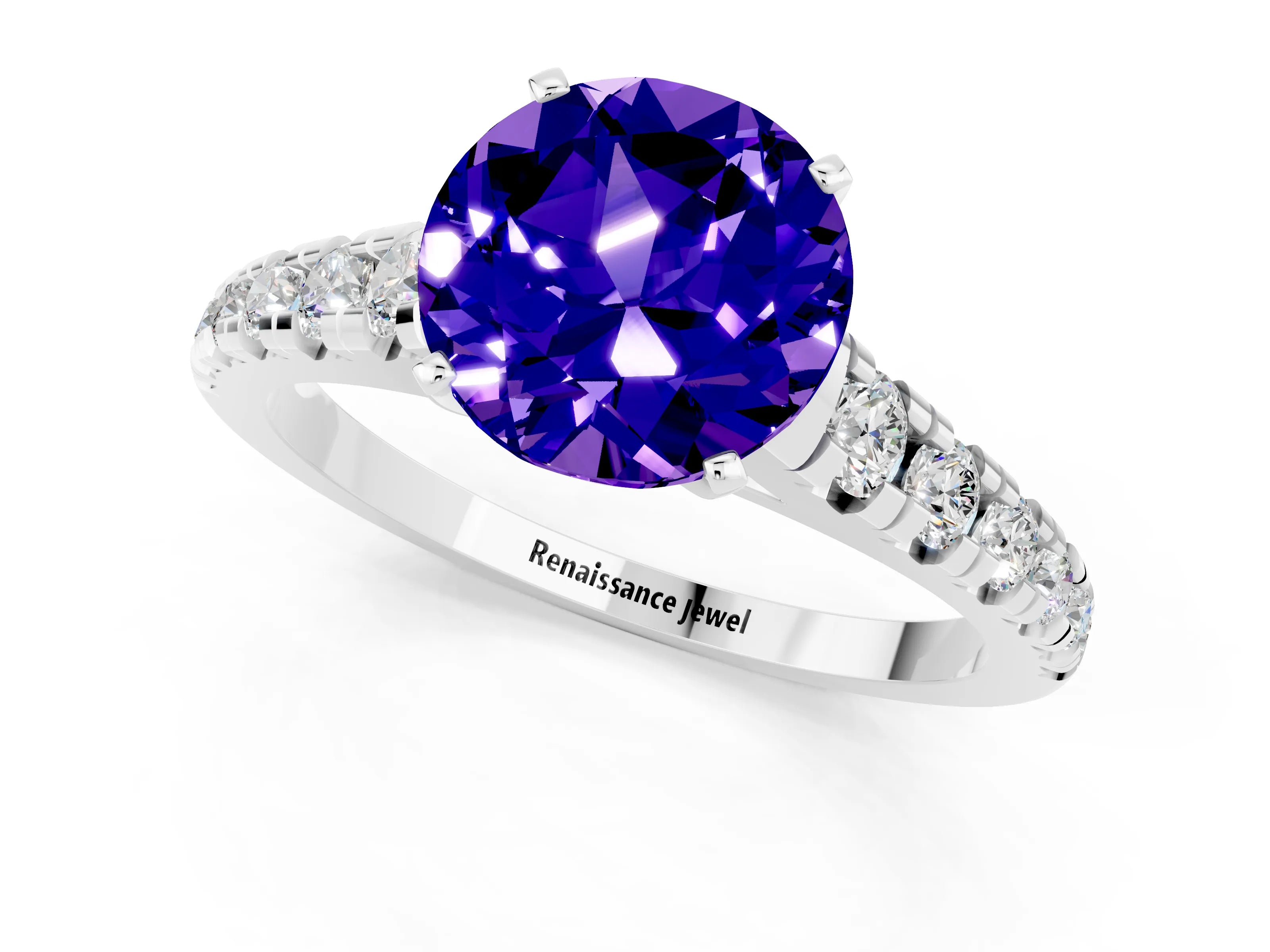 White gold Round Cut Tanzanite Solitaire Ring with Cathedral Setting and Pavé Band_1