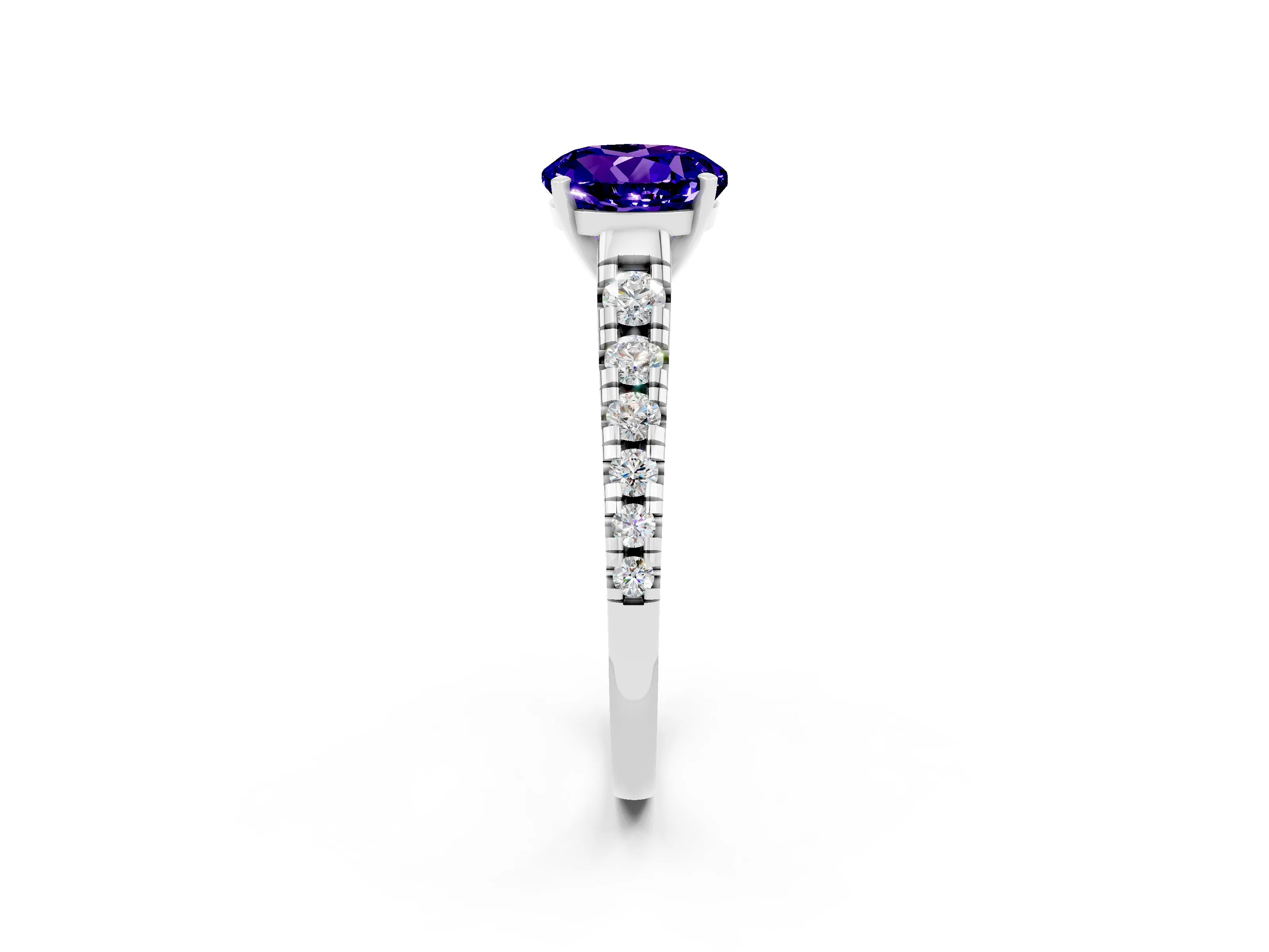 White gold Round Cut Tanzanite Solitaire Ring with Cathedral Setting and Pavé Band_2