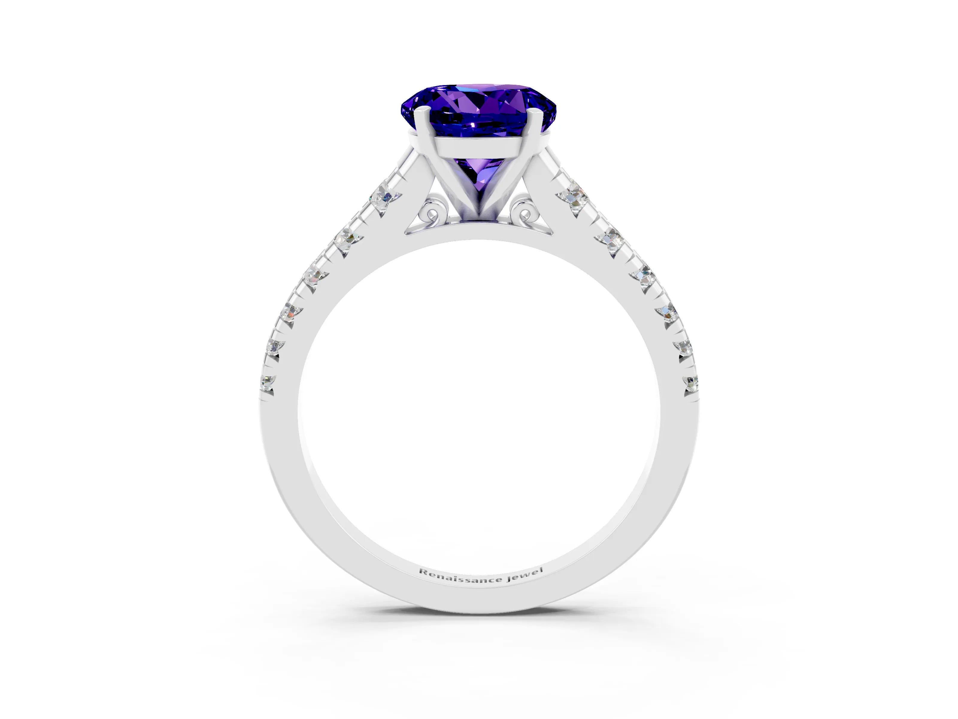White gold Round Cut Tanzanite Solitaire Ring with Cathedral Setting and Pavé Band_3