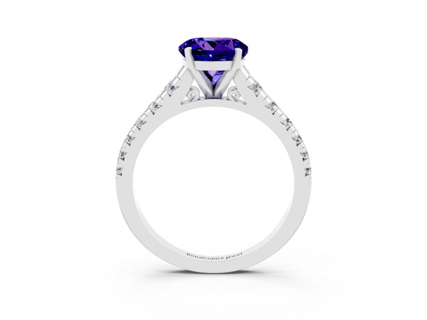 Silver Round Cut Tanzanite Cathedral Solitaire Ring with Round  Pavé Band