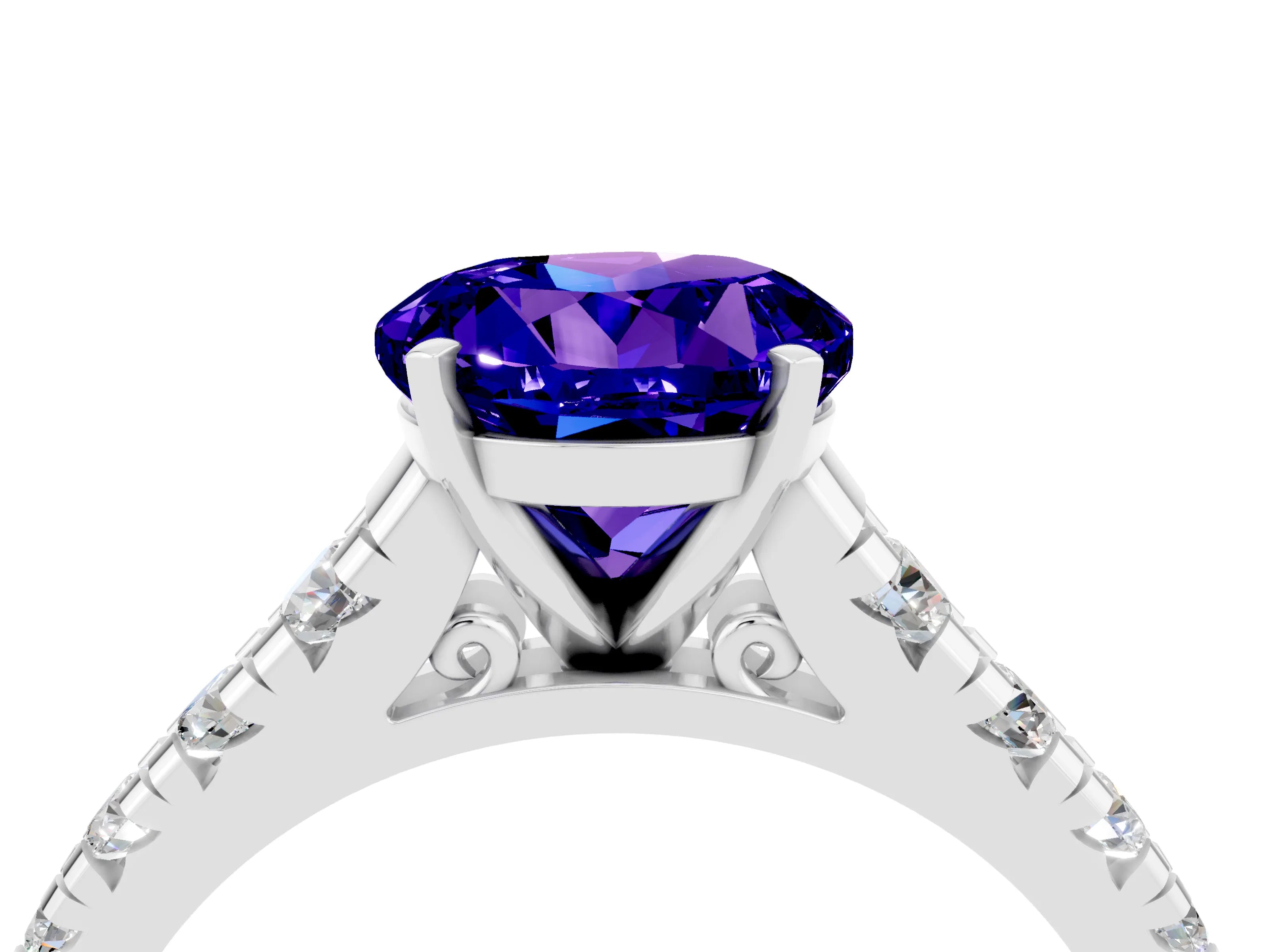 White gold Round Cut Tanzanite Solitaire Ring with Cathedral Setting and Pavé Band_4