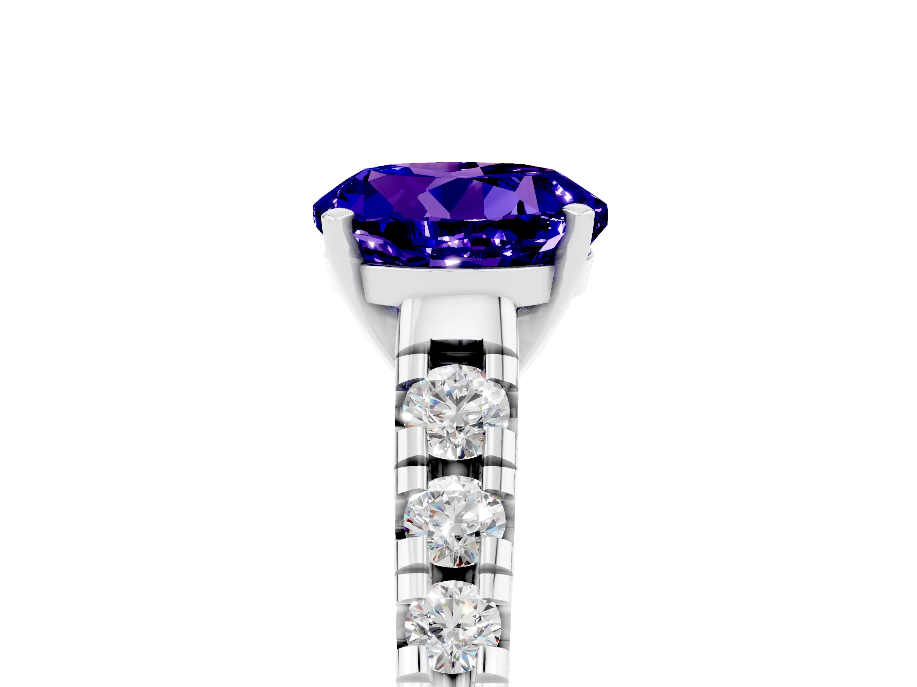 White gold Round Cut Tanzanite Solitaire Ring with Cathedral Setting and Pavé Band_5