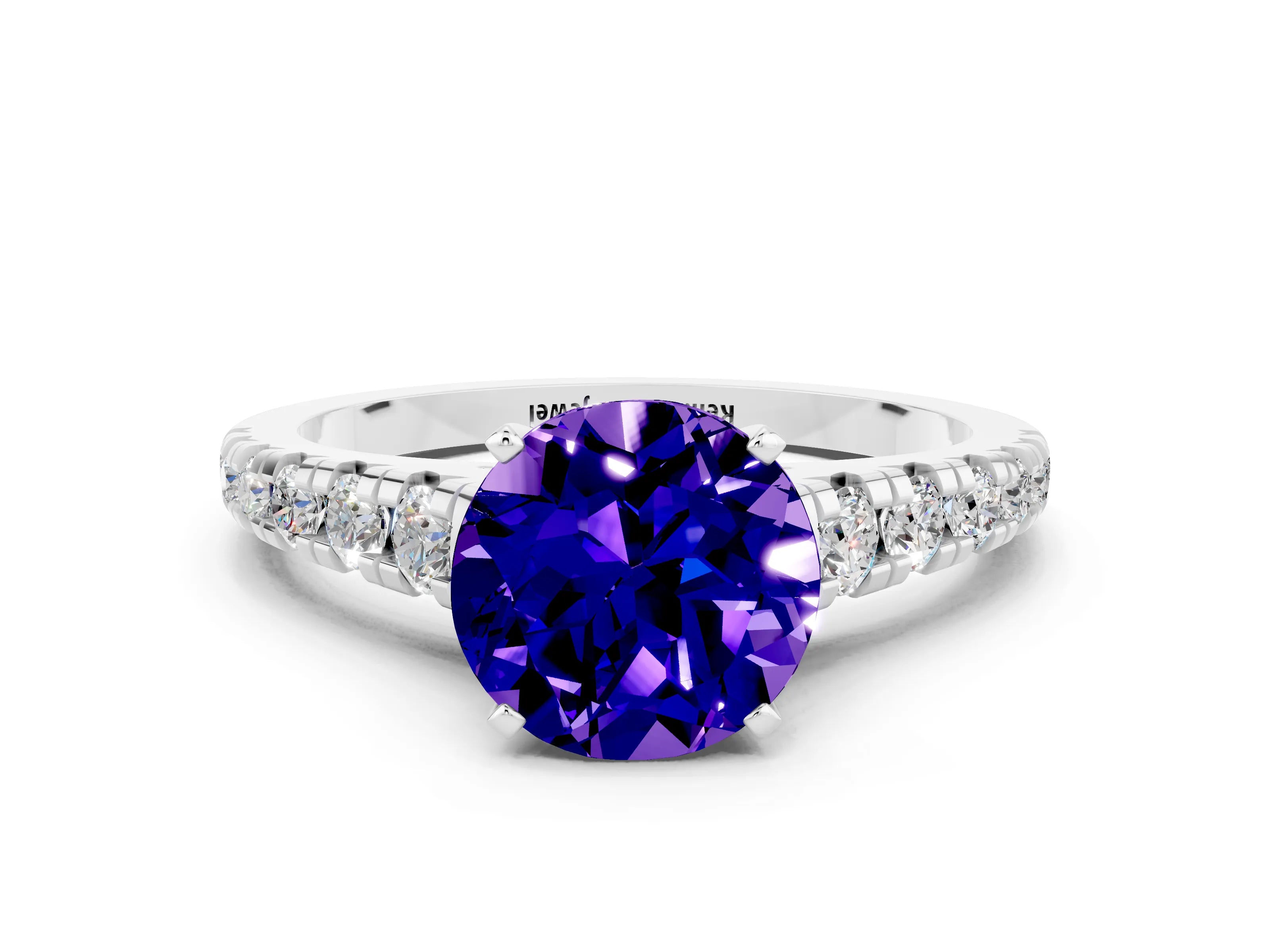 White gold Round Cut Tanzanite Solitaire Ring with Cathedral Setting and Pavé Band