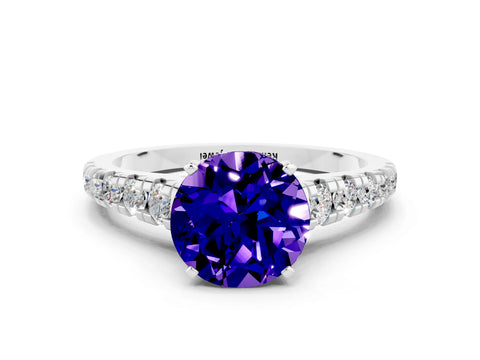 White gold Round Cut Tanzanite Solitaire Ring with Cathedral Setting and Pavé Band