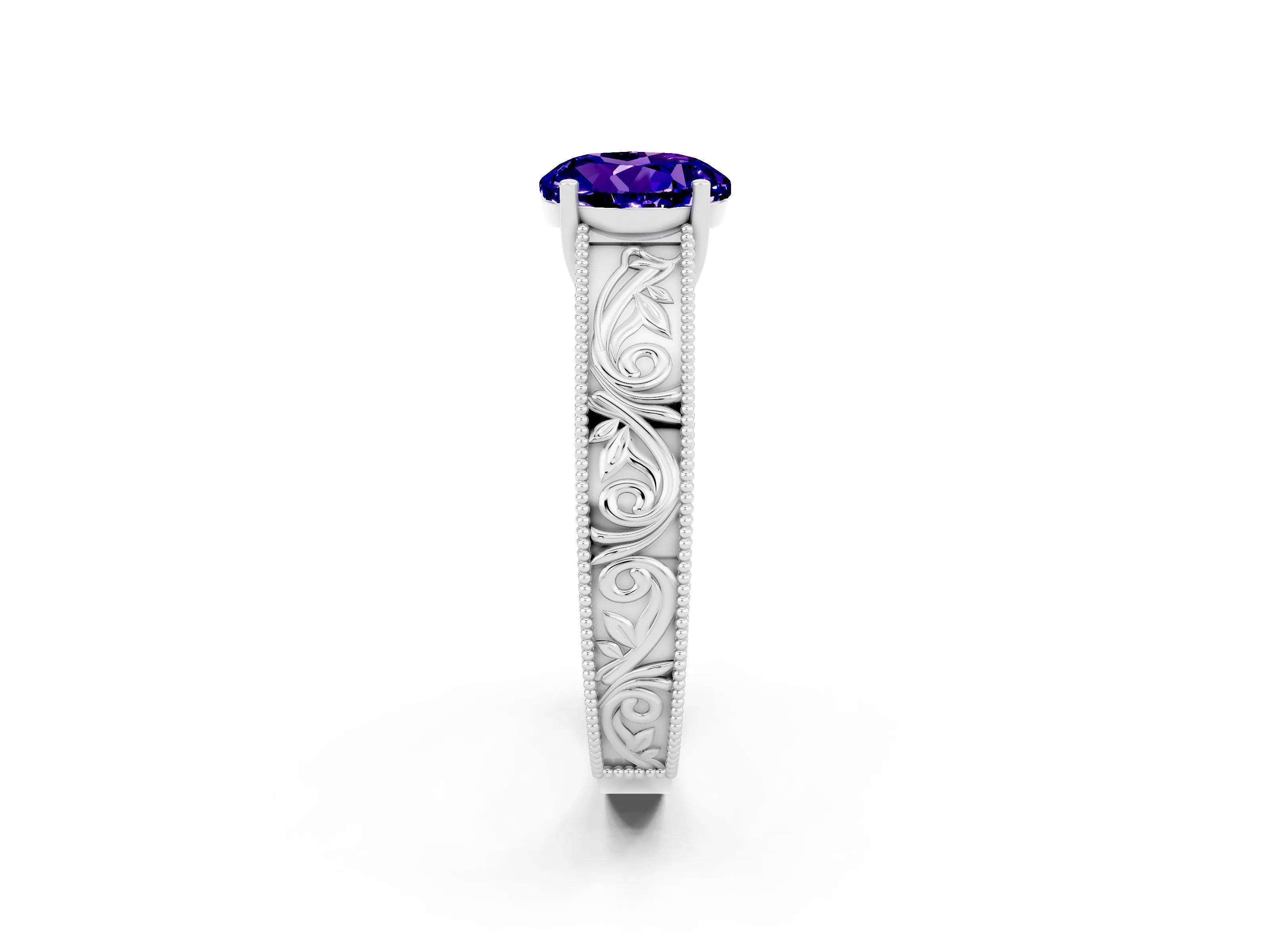 White gold Round Cut Tanzanite Solitaire Ring with Engraved Band and Four-Prong Setting_2