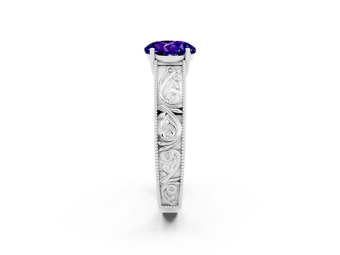 White gold Round Cut Tanzanite Solitaire Ring with Engraved Band and Four-Prong Setting_2
