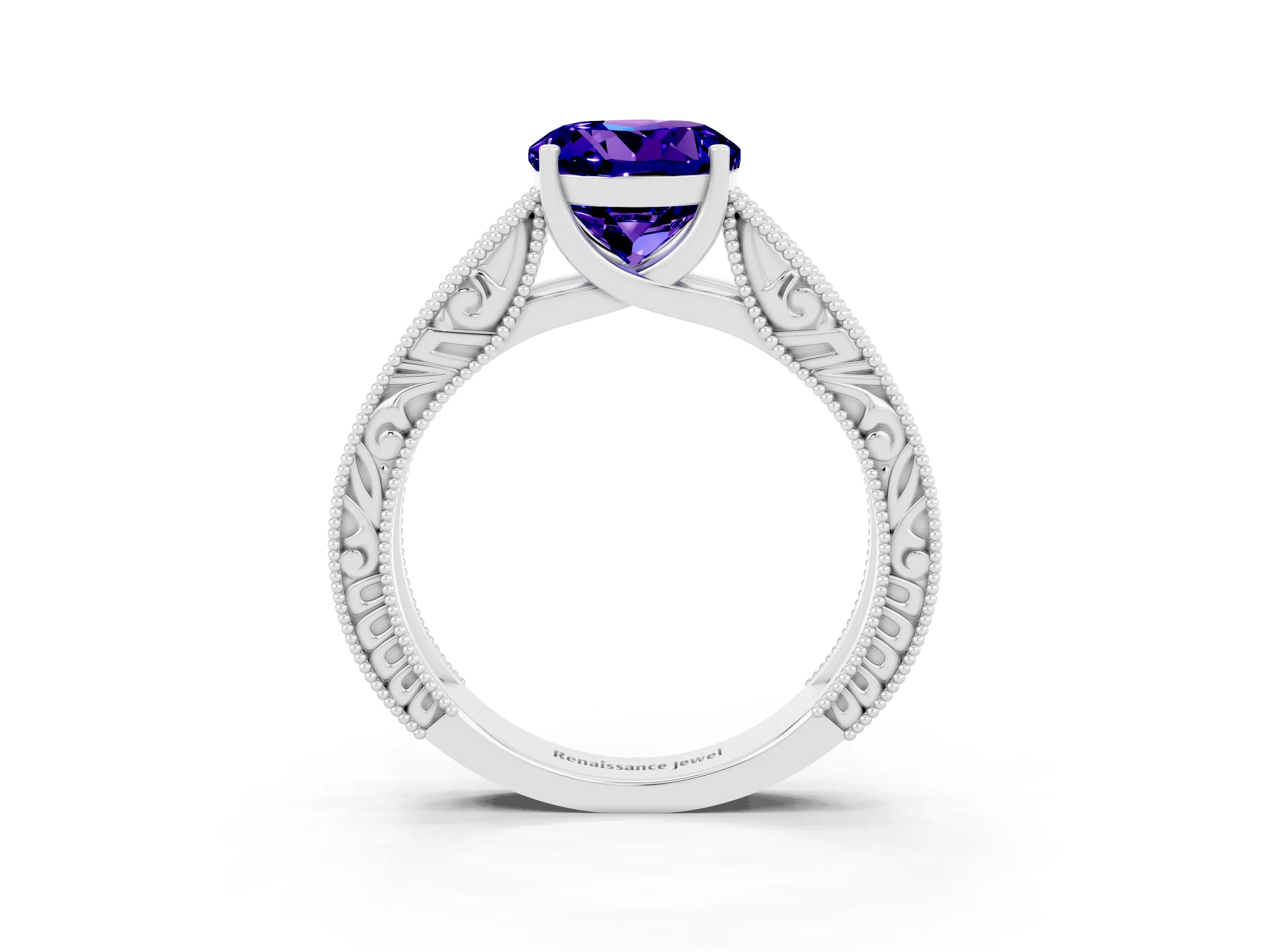 White gold Round Cut Tanzanite Solitaire Ring with Engraved Band and Four-Prong Setting_3