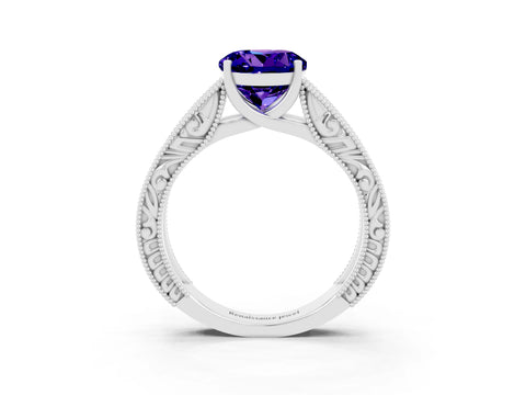 White gold Round Cut Tanzanite Solitaire Ring with Engraved Band and Four-Prong Setting_3