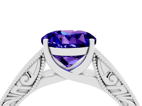 White gold Round Cut Tanzanite Solitaire Ring with Engraved Band and Four-Prong Setting_4