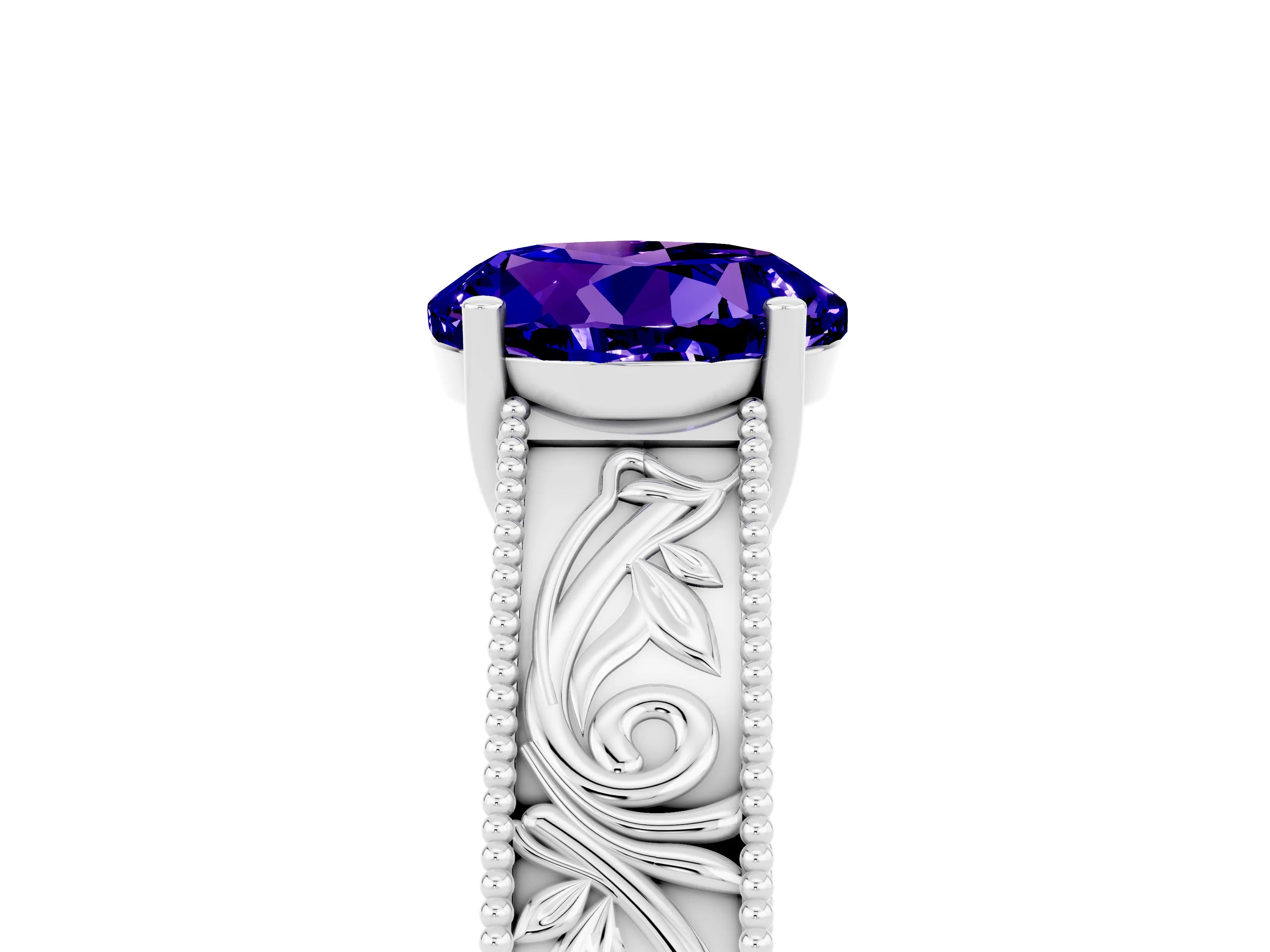 White gold Round Cut Tanzanite Solitaire Ring with Engraved Band and Four-Prong Setting_5