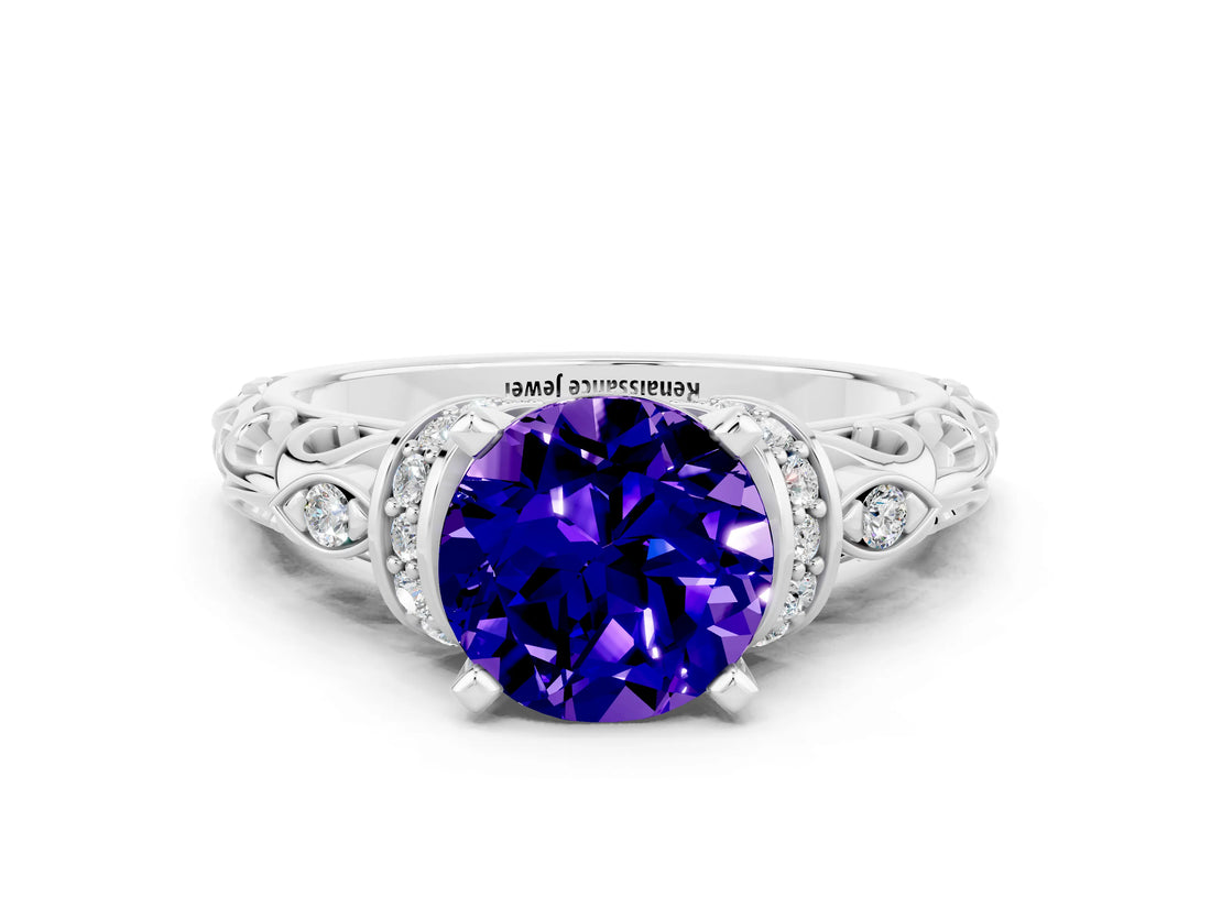 White gold Round Cut Tanzanite Solitaire Ring with Filigree Band and Four-Prong Setting_24