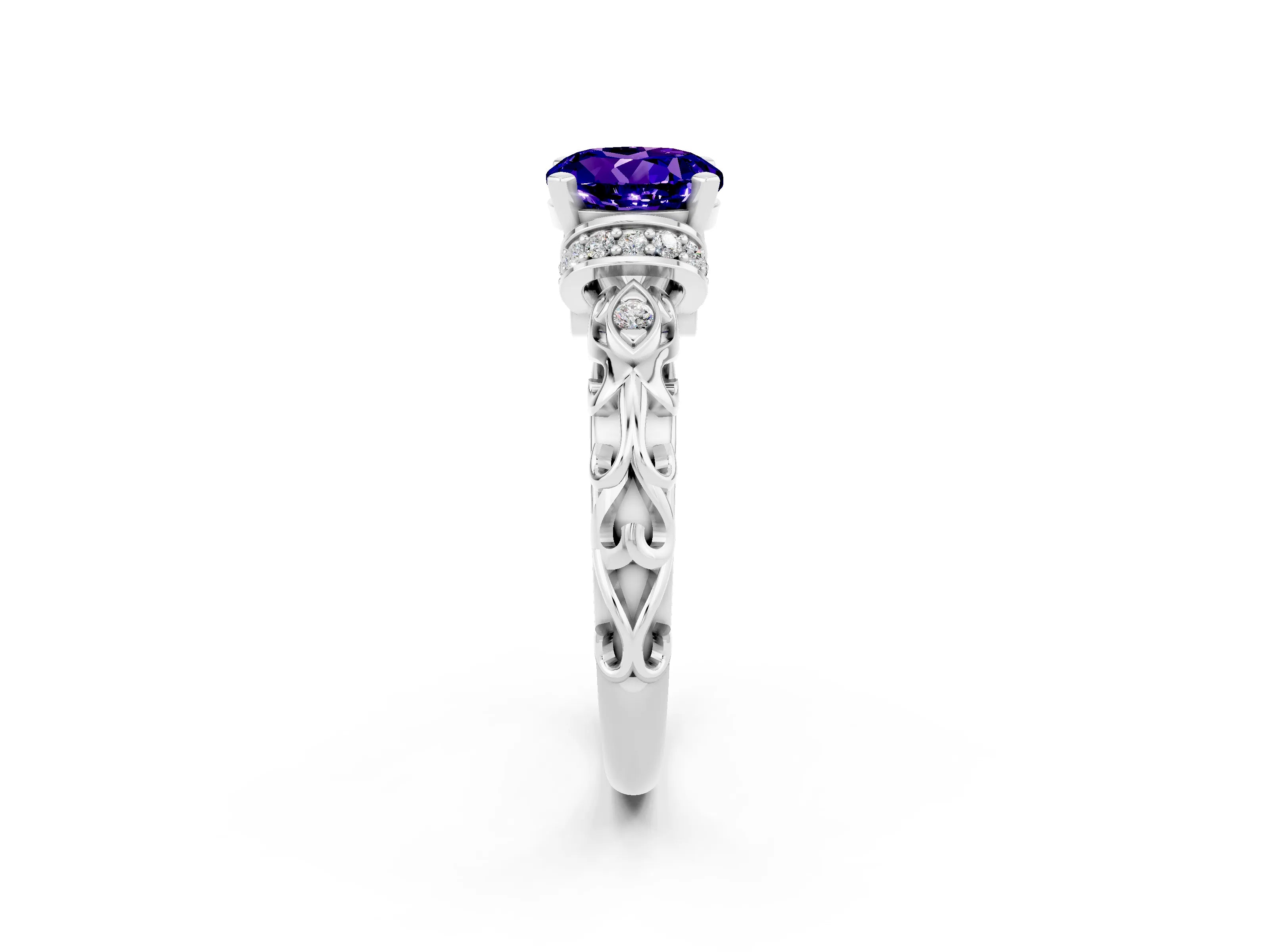 White gold Round Cut Tanzanite Solitaire Ring with Filigree Band and Four-Prong Setting_26