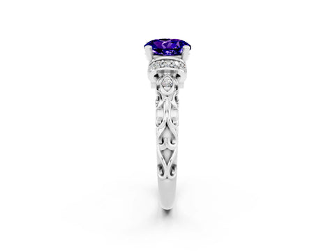 White gold Round Cut Tanzanite Solitaire Ring with Filigree Band and Four-Prong Setting_26