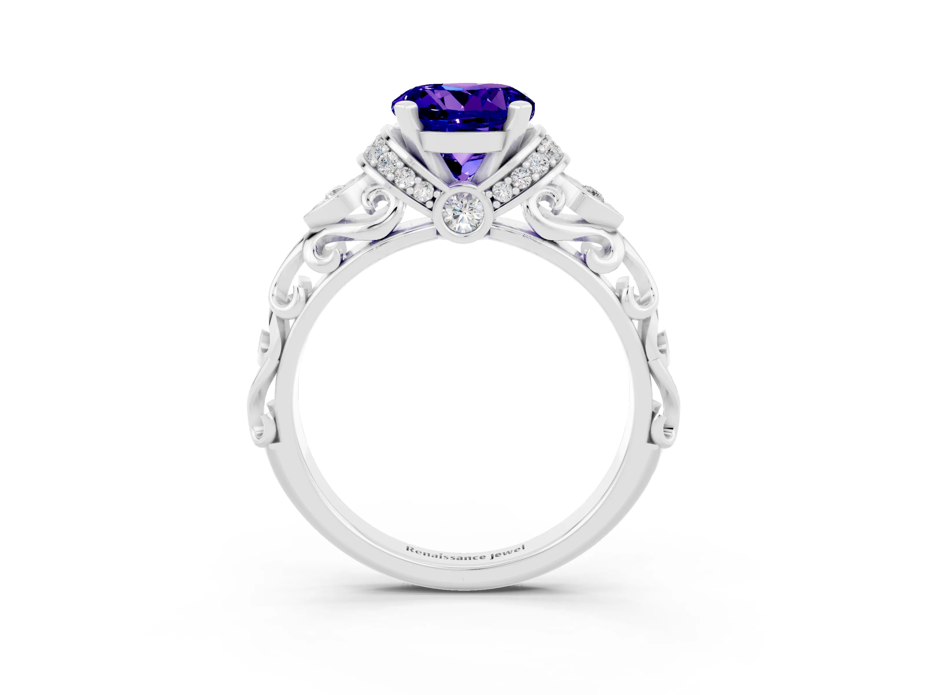 White gold Round Cut Tanzanite Solitaire Ring with Filigree Band and Four-Prong Setting_27