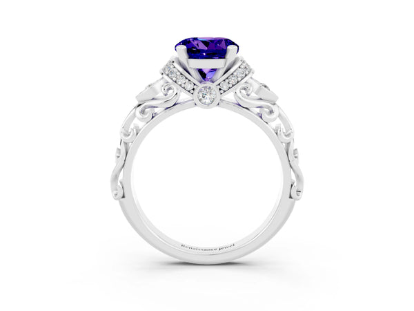 Silver Round Cut Tanzanite Solitaire Ring with Filigree Band and Four-Prong Setting