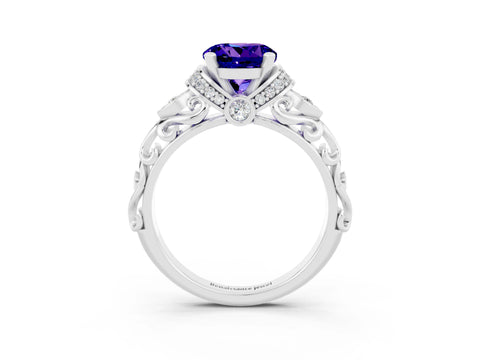 White gold Round Cut Tanzanite Solitaire Ring with Filigree Band and Four-Prong Setting_27