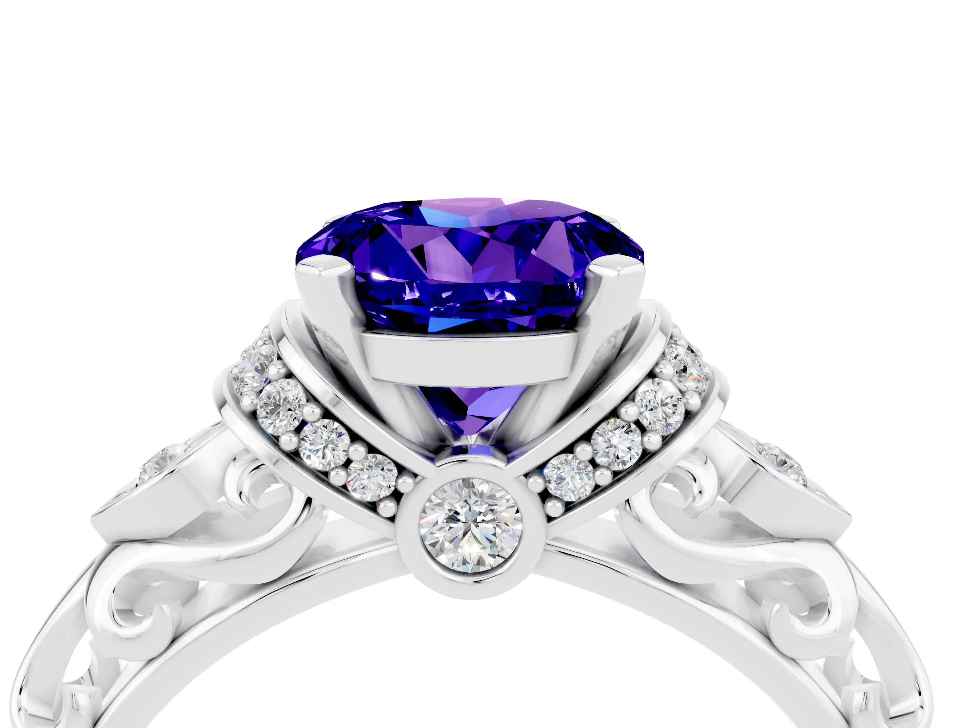 White gold Round Cut Tanzanite Solitaire Ring with Filigree Band and Four-Prong Setting_28